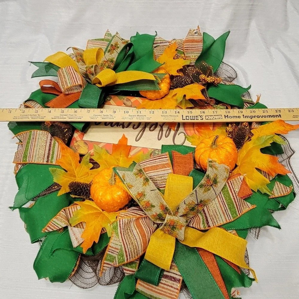 Fall Welcome Wreath Pumpkin Maple Leaf Berries Harvest Decor 23 Inch Handmade